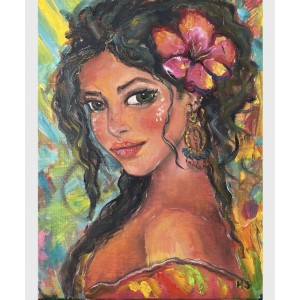 Portrait of a Tropical Girl from the Exotic Garden series by Marina Stognieva. Original oil painting on canvas, 30 × 40 cm